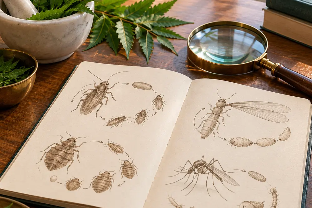 An open notebook of hand-drawn pest life-cycle sketches beside neem leaves and a magnifying glass