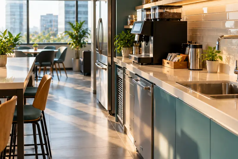 A clean, bright office pantry with a coffee machine and sink