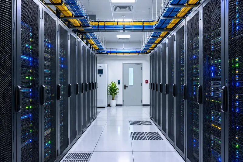 A server room corridor with racks and organised cable trays