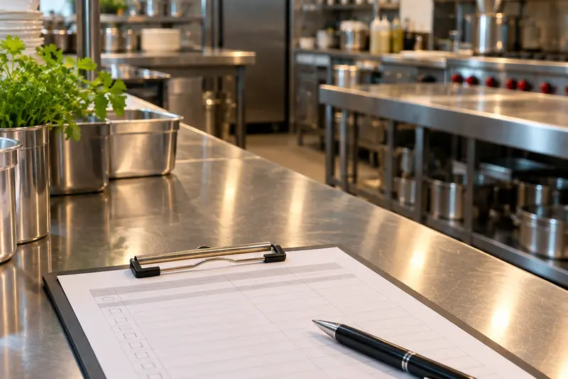 A clipboard with a checklist form on a clean steel kitchen counter