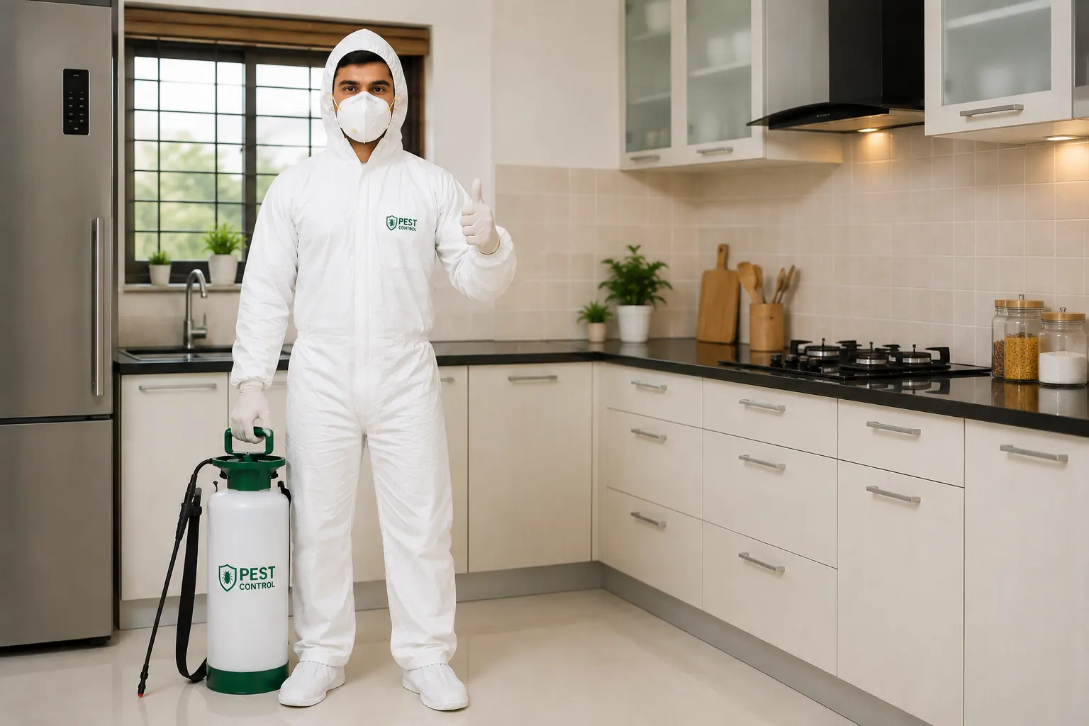 A Best Pest Care technician in full protective gear, giving a thumbs up while holding a sprayer in a client's kitchen